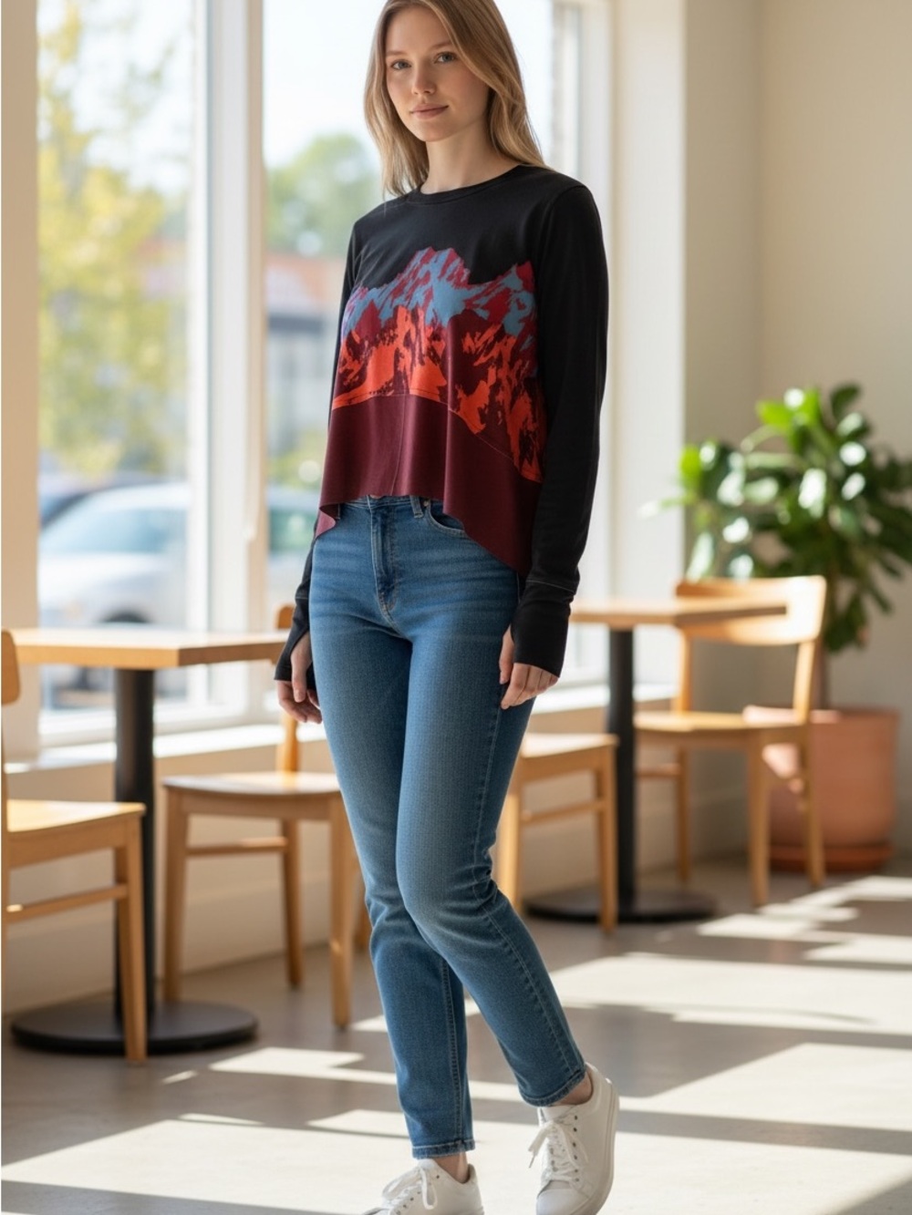 FP Movement  Graphic Crop Top - Black with Red & Blue Print XS